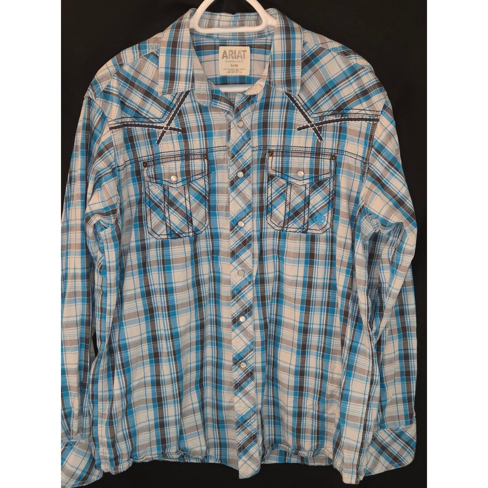 Ariat Pearl Snap Retro Fit Plaid Western‎ Shirt Mens Large Blue Gray Long Sleeve
